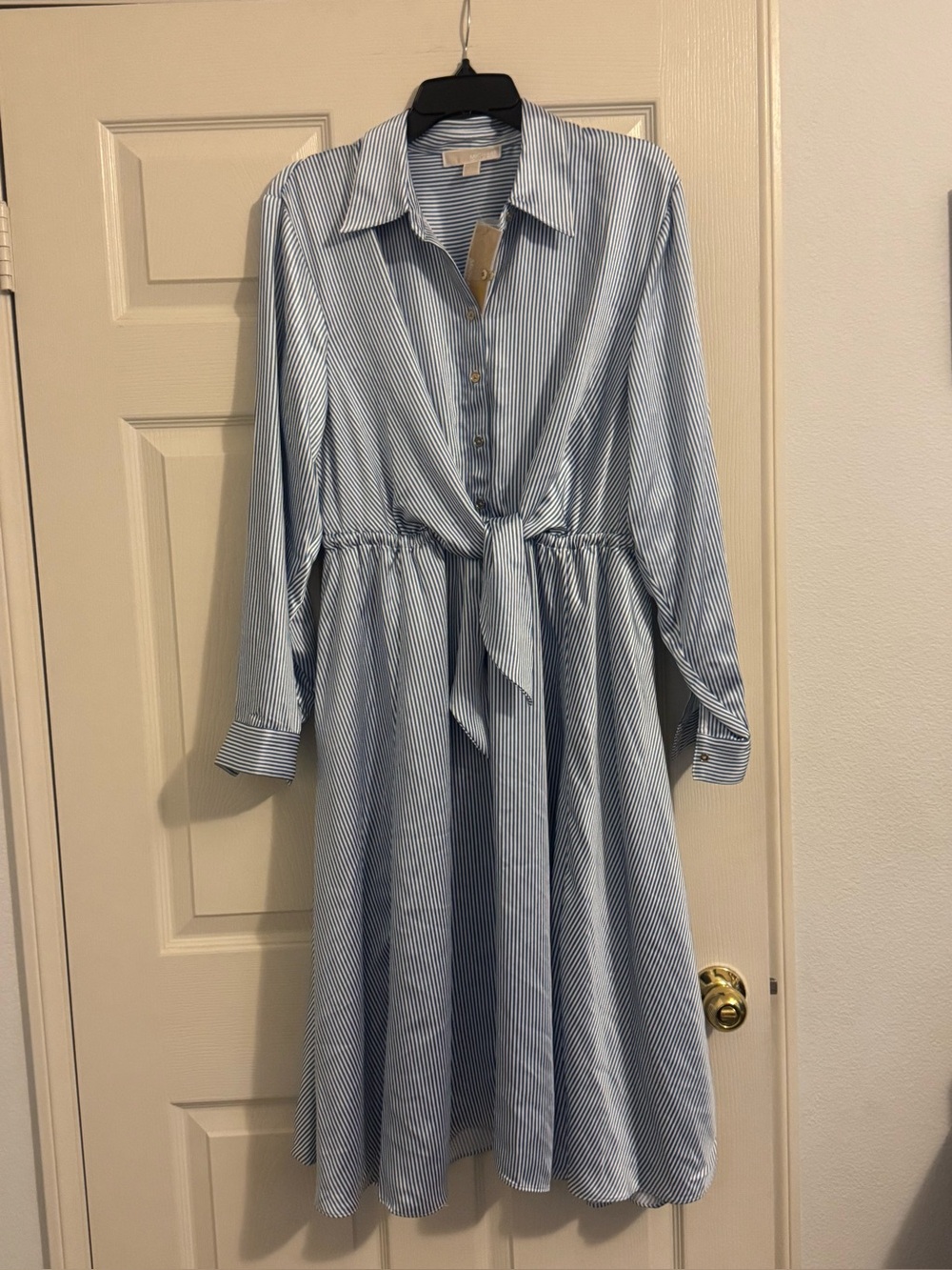 Blue and White Striped Tie-Front Shirt Dress